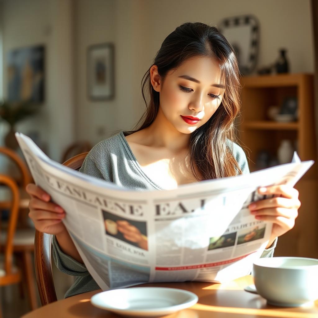 A beautiful 23-year-old Indonesian woman with an ideal body and plump breasts, having red lips, is dressed in casual clothes at home