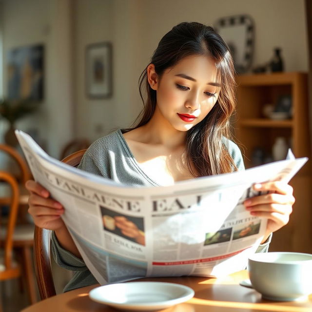 A beautiful 23-year-old Indonesian woman with an ideal body and plump breasts, having red lips, is dressed in casual clothes at home