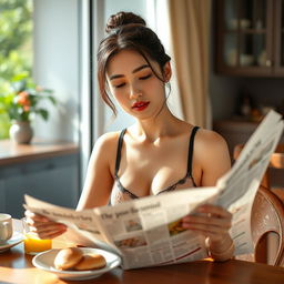 A beautiful 23-year-old Indonesian woman with an ideal body and plump breasts, having red lips, is dressed in casual clothes at home