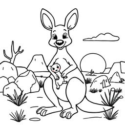 Line art of an endearing kangaroo designed for coloring, with an Australian outback themed background suitable for children