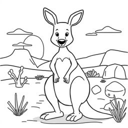 Line art of an endearing kangaroo designed for coloring, with an Australian outback themed background suitable for children