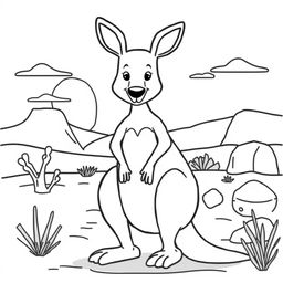 Line art of an endearing kangaroo designed for coloring, with an Australian outback themed background suitable for children