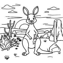 Line art of an endearing kangaroo designed for coloring, with an Australian outback themed background suitable for children