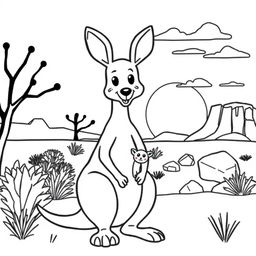 Line art of an endearing kangaroo designed for coloring, with an Australian outback themed background suitable for children