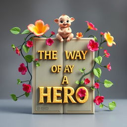 Create a book cover for "THE WAY OF A HERO 3D" featuring vines splitting the book in half, adorned with vibrant flowers