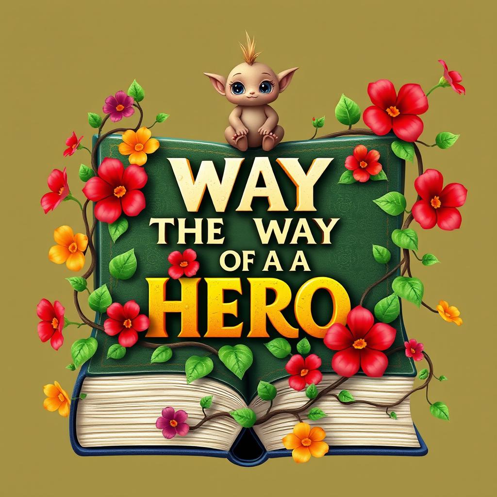 Create a book cover for "THE WAY OF A HERO 3D" featuring vines splitting the book in half, adorned with vibrant flowers