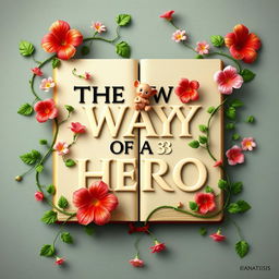 Create a book cover for "THE WAY OF A HERO 3D" featuring vines splitting the book in half, adorned with vibrant flowers