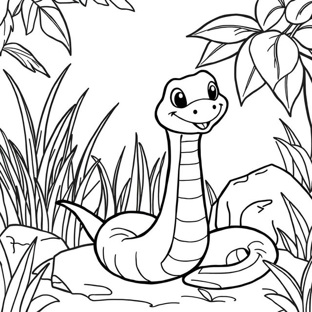 Line art of a friendly snake designed for coloring, set against a thematic jungle background suitable for children