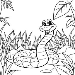 Line art of a friendly snake designed for coloring, set against a thematic jungle background suitable for children