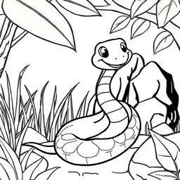 Line art of a friendly snake designed for coloring, set against a thematic jungle background suitable for children