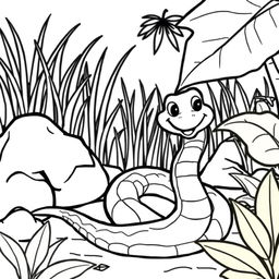 Line art of a friendly snake designed for coloring, set against a thematic jungle background suitable for children