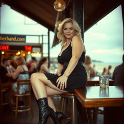 A curvy blonde woman, around 40 years old, sitting sexily in a busy beach bar in St Ives