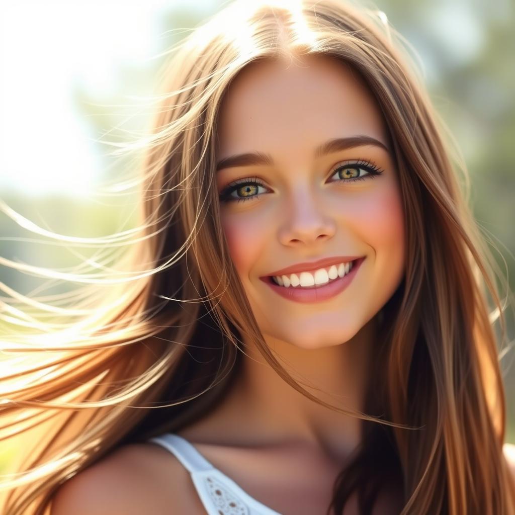 Beautiful girl with striking features, long flowing hair, and a captivating smile