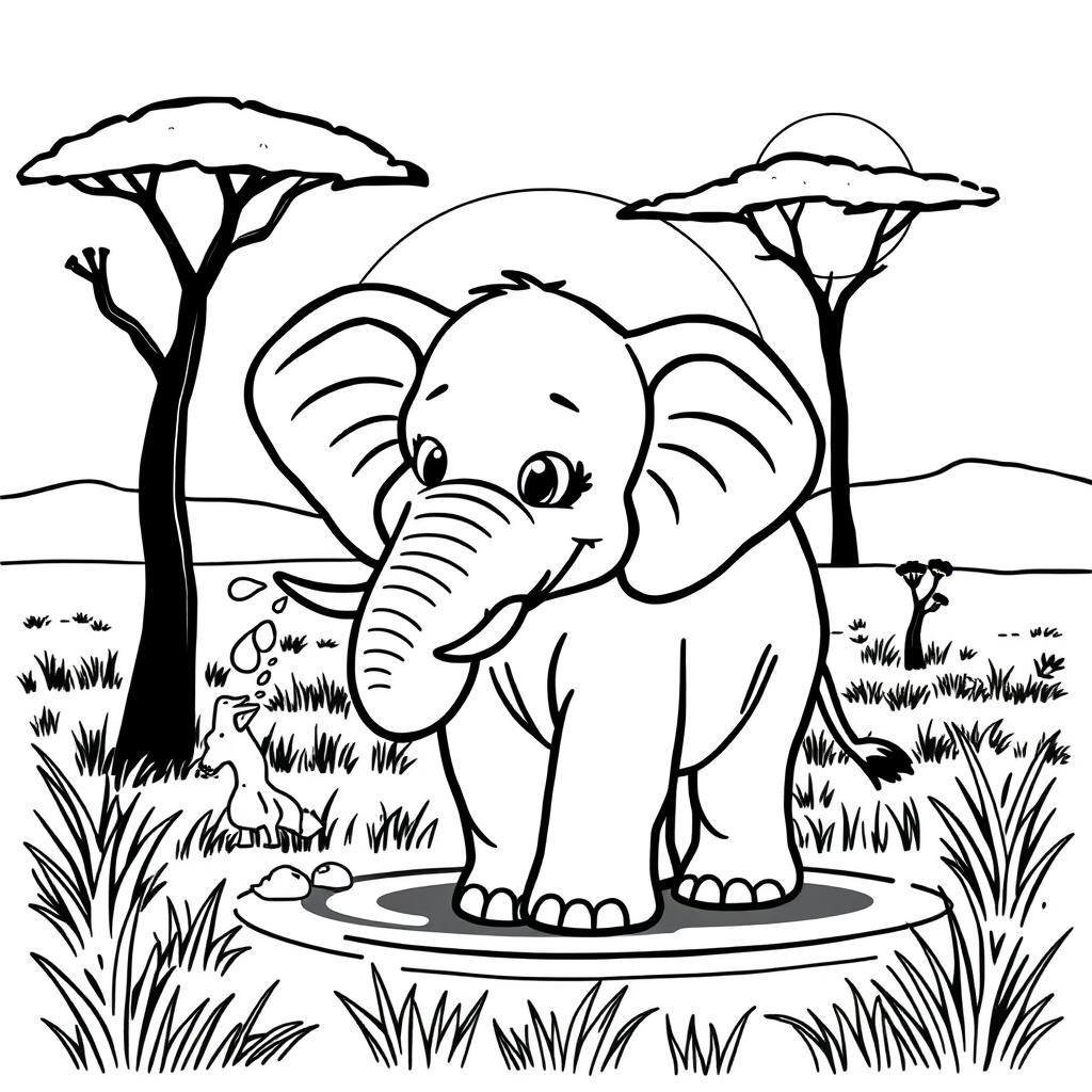 Line art of a charming elephant designed for coloring, set against a thematic savanna background suitable for children