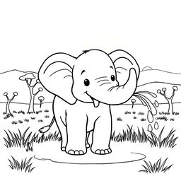 Line art of a charming elephant designed for coloring, set against a thematic savanna background suitable for children