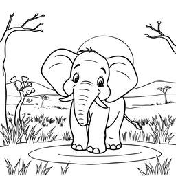 Line art of a charming elephant designed for coloring, set against a thematic savanna background suitable for children