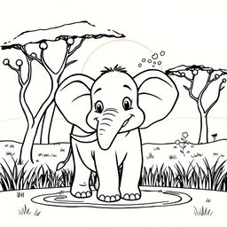 Line art of a charming elephant designed for coloring, set against a thematic savanna background suitable for children