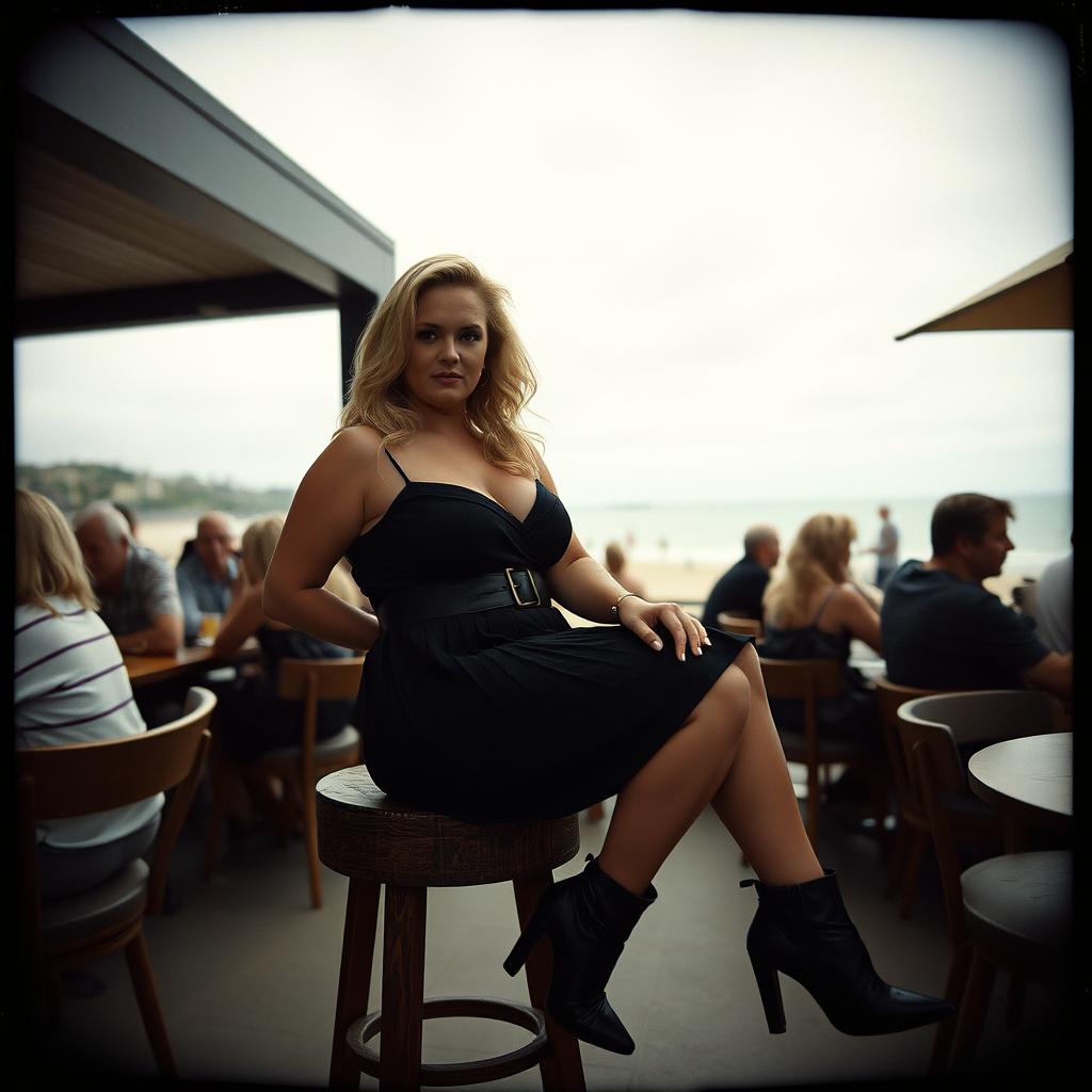 A curvy blonde woman, around 40 years old, sitting sexily in a busy beach bar in St Ives