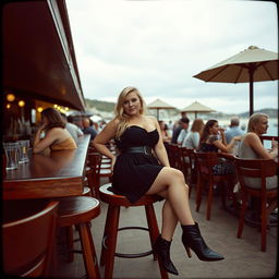 A curvy blonde woman, around 40 years old, sitting sexily in a busy beach bar in St Ives