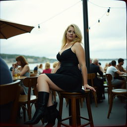 A curvy blonde woman, around 40 years old, sitting sexily in a busy beach bar in St Ives