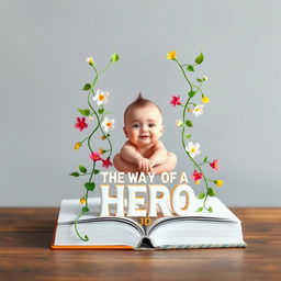 Design a book cover for "THE WAY OF A HERO 3D" that showcases vibrant green vines elegantly splitting the book in half, intertwined with a variety of colorful flowers