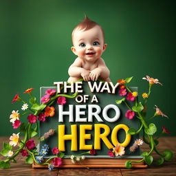 Design a book cover for "THE WAY OF A HERO 3D" that showcases vibrant green vines elegantly splitting the book in half, intertwined with a variety of colorful flowers