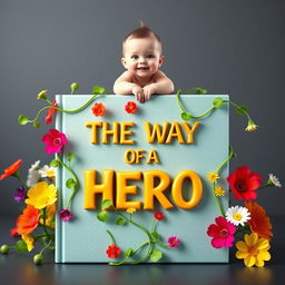 Design a book cover for "THE WAY OF A HERO 3D" that showcases vibrant green vines elegantly splitting the book in half, intertwined with a variety of colorful flowers