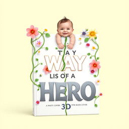 Design a book cover for "THE WAY OF A HERO 3D" that showcases vibrant green vines elegantly splitting the book in half, intertwined with a variety of colorful flowers