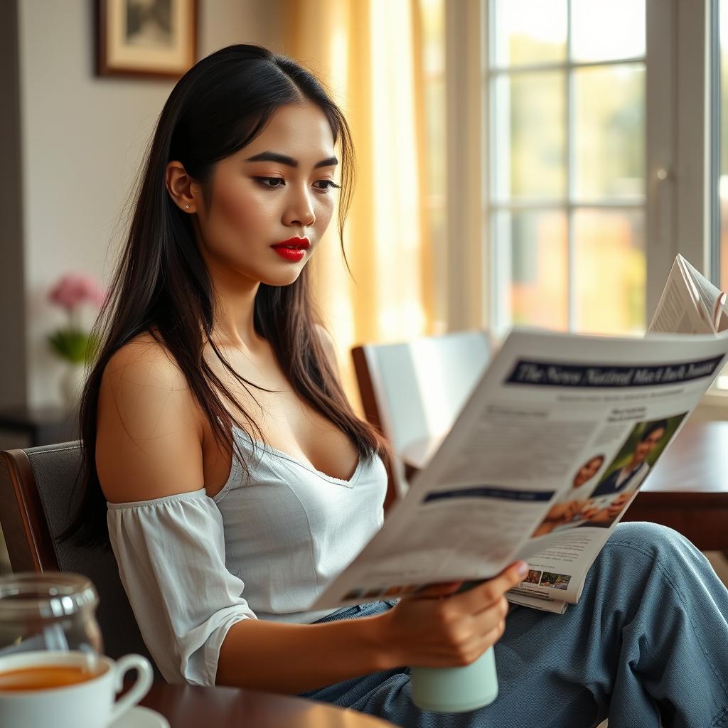 A beautiful 23-year-old Indonesian woman with an ideal body and plump breasts, having red lips, is dressed in casual clothes at home