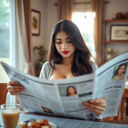 A beautiful 23-year-old Indonesian woman with an ideal body and plump breasts, having red lips, is dressed in casual clothes at home