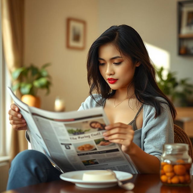 A beautiful 23-year-old Indonesian woman with an ideal body and plump breasts, having red lips, is dressed in casual clothes at home