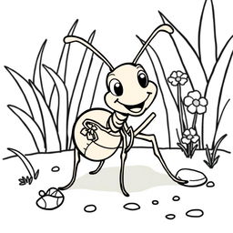 Line art of a cheerful ant designed for coloring, set against a thematic garden background suitable for children