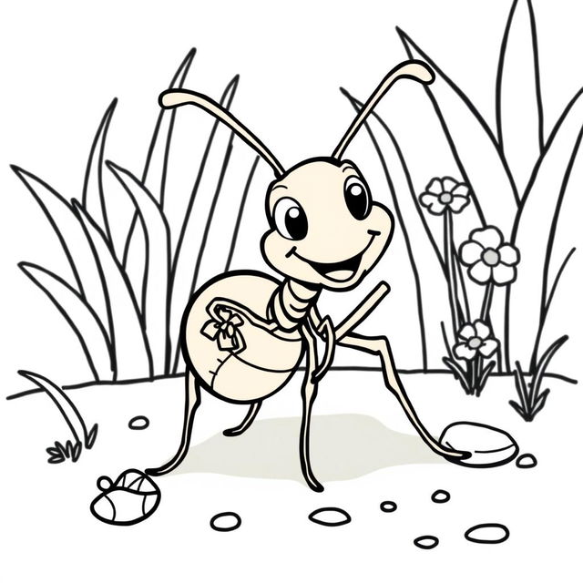 Line art of a cheerful ant designed for coloring, set against a thematic garden background suitable for children