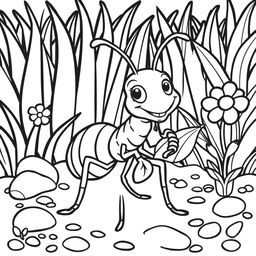 Line art of a cheerful ant designed for coloring, set against a thematic garden background suitable for children