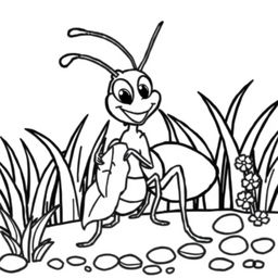 Line art of a cheerful ant designed for coloring, set against a thematic garden background suitable for children