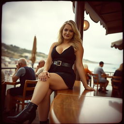 A curvy blonde woman, around 40 years old, sitting sexily in a busy beach bar in St Ives