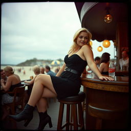 A curvy blonde woman, around 40 years old, sitting sexily in a busy beach bar in St Ives