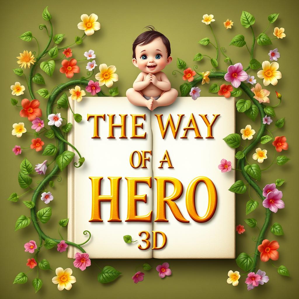 Design a book cover for "THE WAY OF A HERO 3D" with lush vines splitting the book in half, intertwined with a variety of colorful flowers