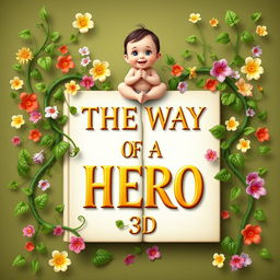 Design a book cover for "THE WAY OF A HERO 3D" with lush vines splitting the book in half, intertwined with a variety of colorful flowers