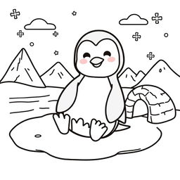 Line art of an adorable penguin designed for coloring, set against a thematic polar landscape suitable for children