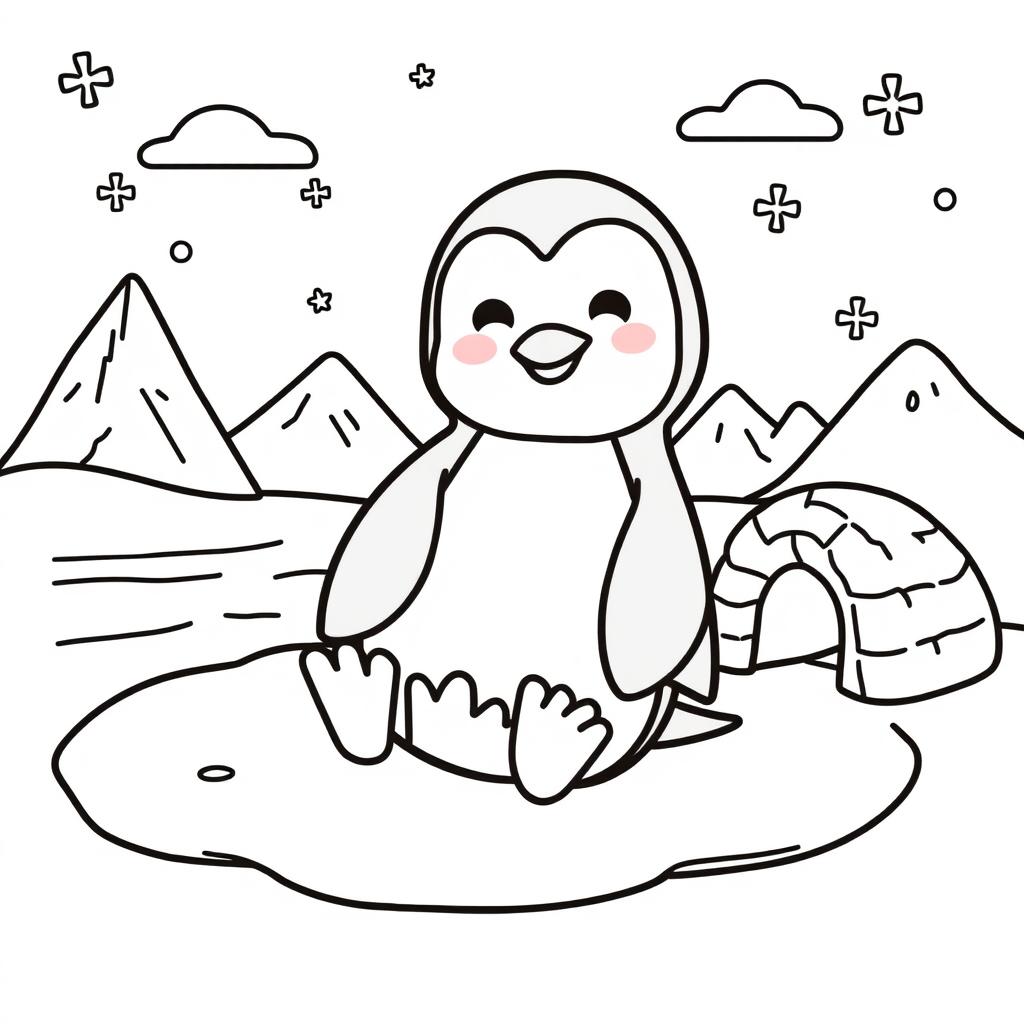 Line art of an adorable penguin designed for coloring, set against a thematic polar landscape suitable for children