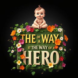 Design a book cover for "THE WAY OF A HERO 3D" with lush vines splitting the book in half, intertwined with a variety of colorful flowers