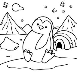 Line art of an adorable penguin designed for coloring, set against a thematic polar landscape suitable for children