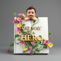 Design a book cover for "THE WAY OF A HERO 3D" with lush vines splitting the book in half, intertwined with a variety of colorful flowers