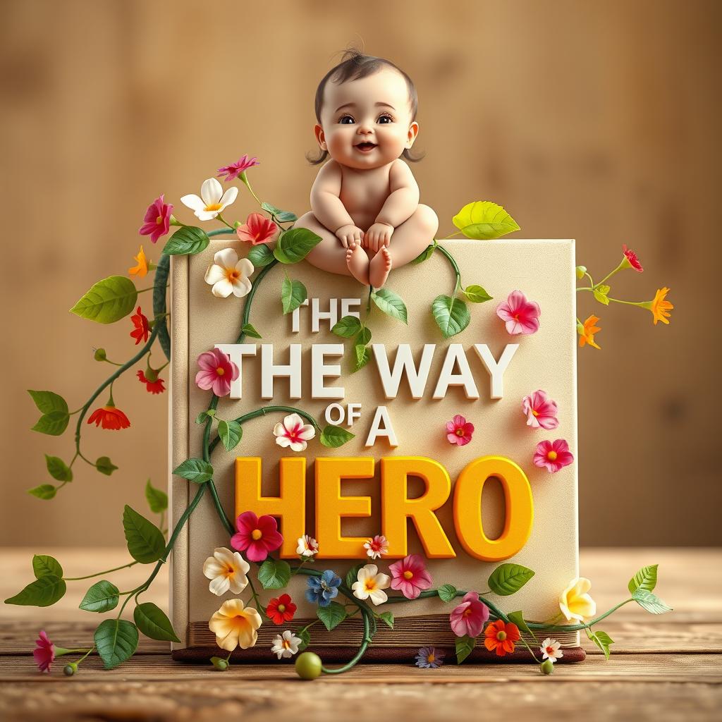 Design a book cover for "THE WAY OF A HERO 3D" with lush vines splitting the book in half, intertwined with a variety of colorful flowers