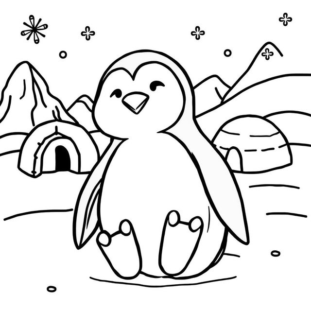 Line art of an adorable penguin designed for coloring, set against a thematic polar landscape suitable for children