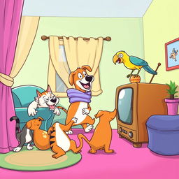 A whimsical and playful scene depicting a group of animals misbehaving in a living room, styled in a cartoonish manner