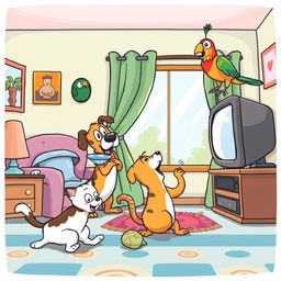 A whimsical and playful scene depicting a group of animals misbehaving in a living room, styled in a cartoonish manner