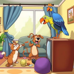 A whimsical and playful scene depicting a group of animals misbehaving in a living room, styled in a cartoonish manner