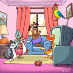 A whimsical and playful scene depicting a group of animals misbehaving in a living room, styled in a cartoonish manner